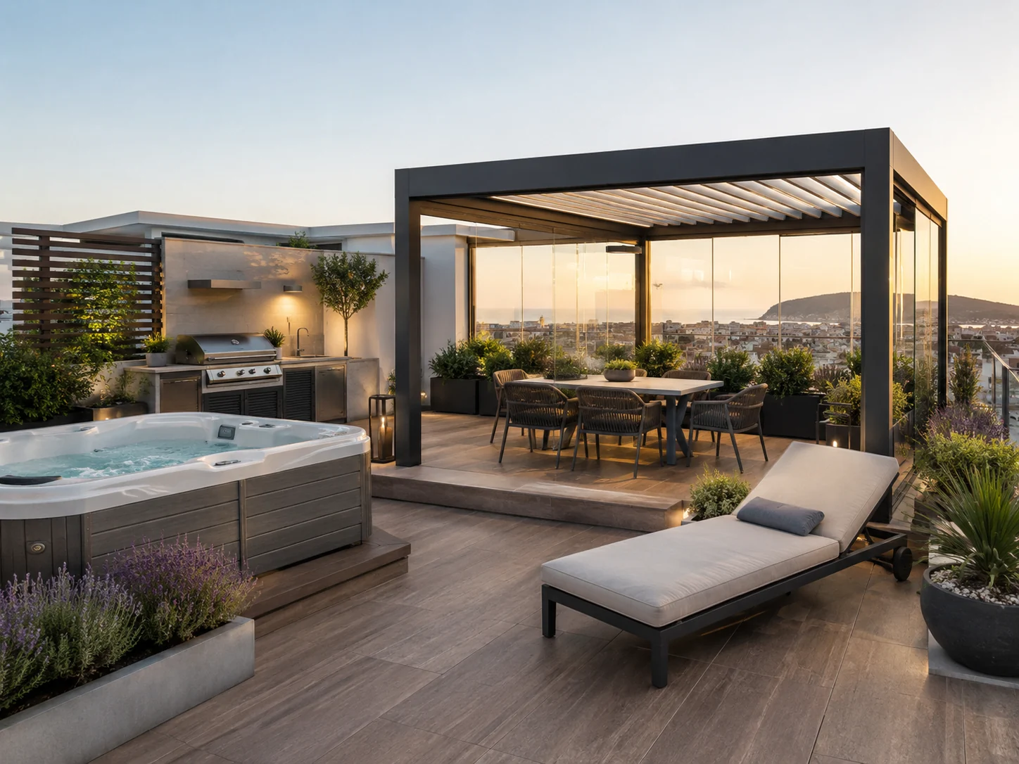 Rendering di attico con pergola vetrata, vasca spa e lounge &mdash; Proposta progettuale elaborata con AI