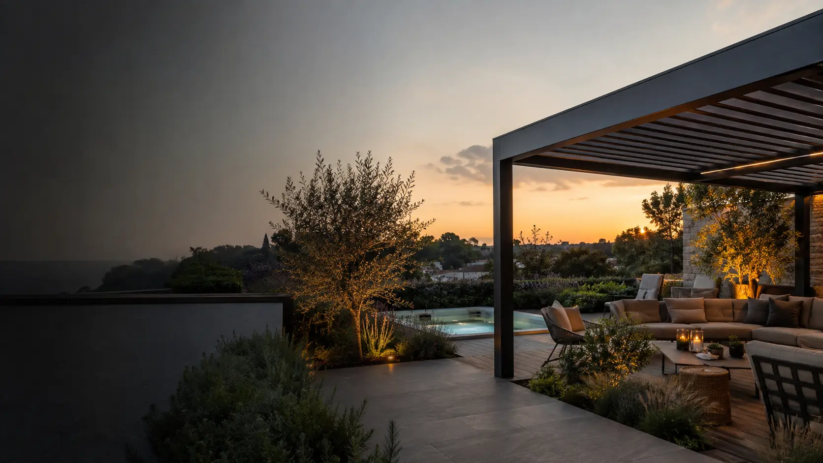 Terrazza contemporanea al tramonto &mdash; Immagine illustrativa elaborata con AI